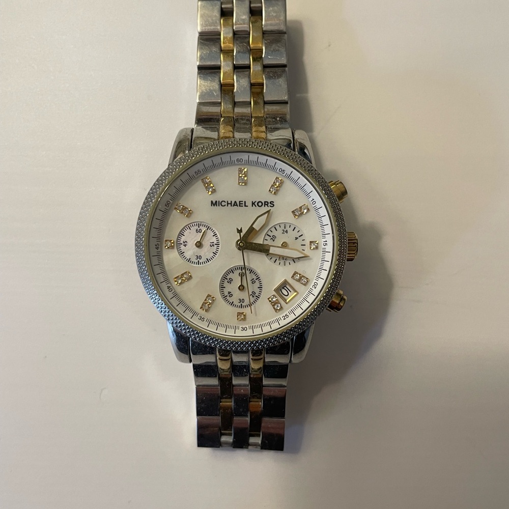 Michael Kors | Two-Tone Silver Gold Chronograph Watch with Stones Pearl Face